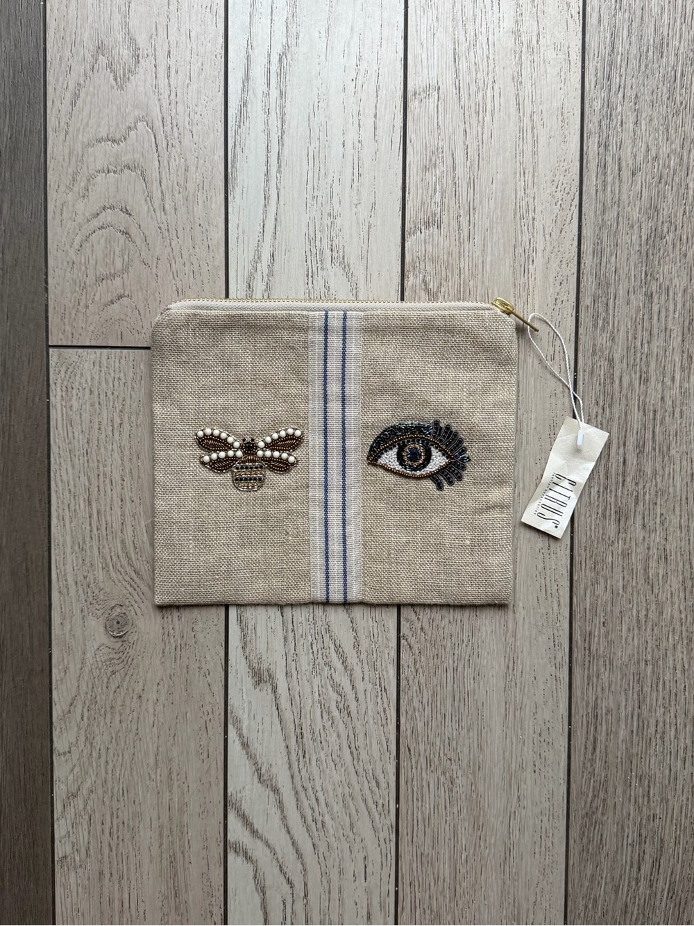 CITRUS Embroidered Eye & Bee Linen Zip Pouch - Natural with Blue Stripe NWT